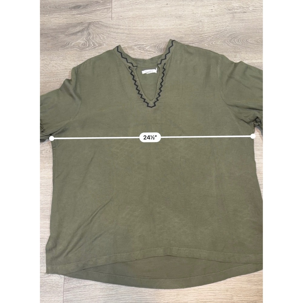 Chico's Olive Green Linen Blend Embroidered Balloon Sleeve Tunic Top XL Boho - Picture 11 of 11